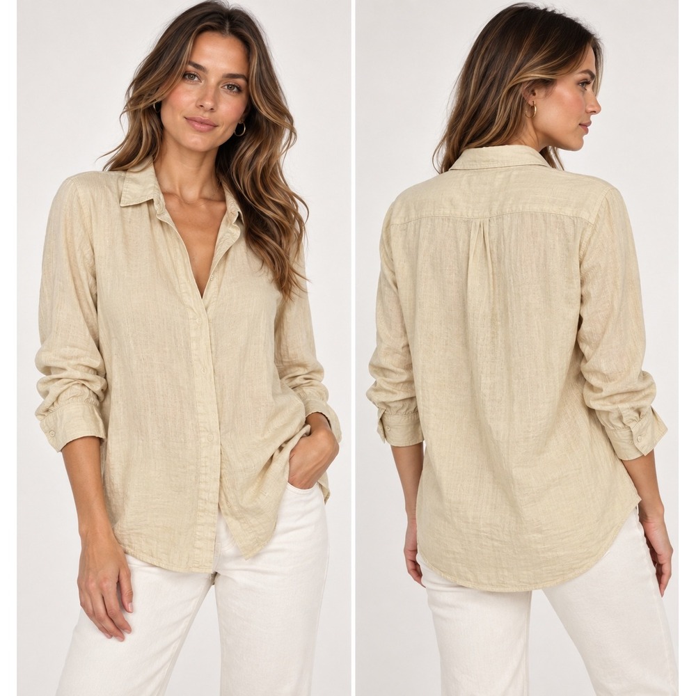 Quince Women Yellow 100% European Linen Long Sleeve Button Down Shirt Size L
